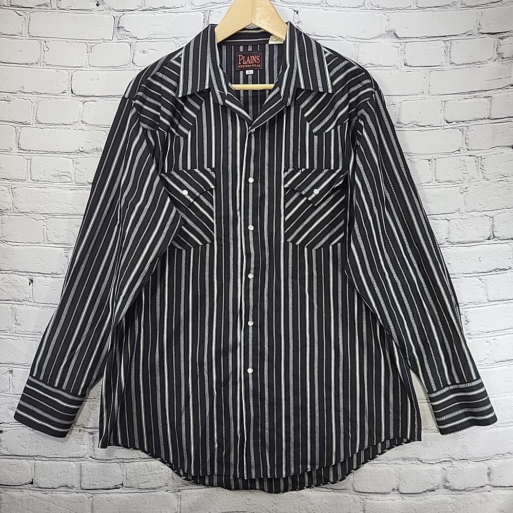 Plains Western Wear Shirt Mens‎ Size L Pearl Snap Black Striped Cowboy Rodeo VTG